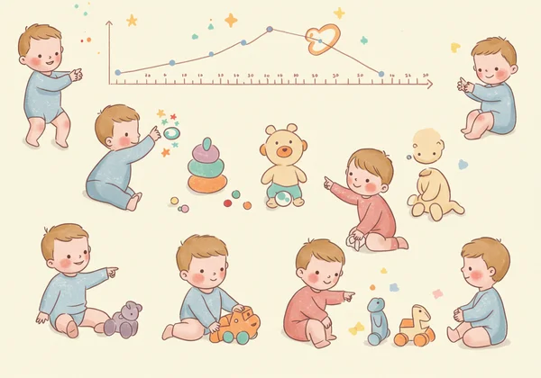 Illustration of a child's developmental milestones with symbols