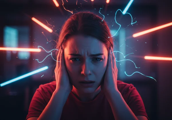 Person experiencing sensory overload from bright lights