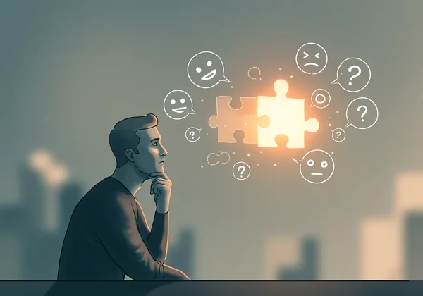 Adult contemplating a puzzle piece, showing self-discovery