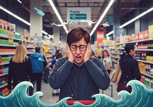 Person overwhelmed by bright lights, sounds, and crowded space.