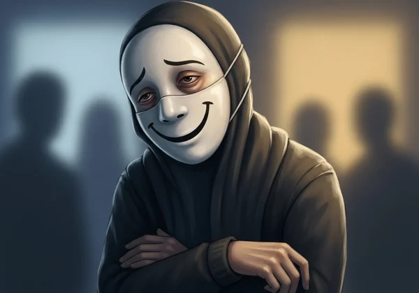 Person wearing a smiling mask, showing internal weariness