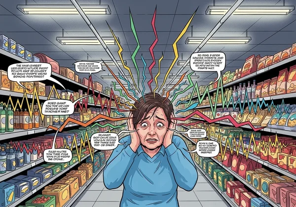 Person covering ears in a loud, bright supermarket