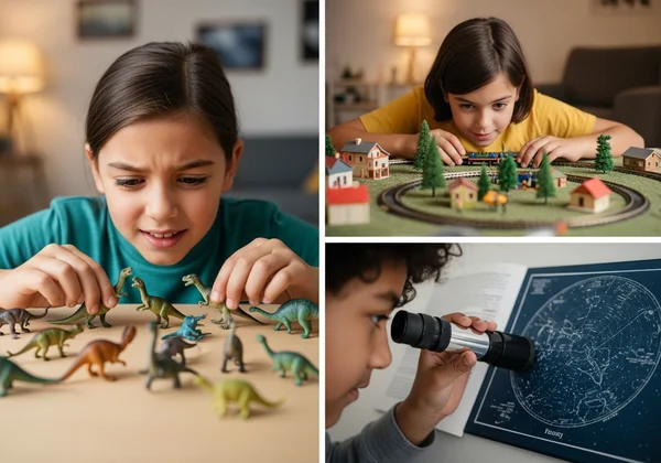 Child focused on building a complex model of a dinosaur