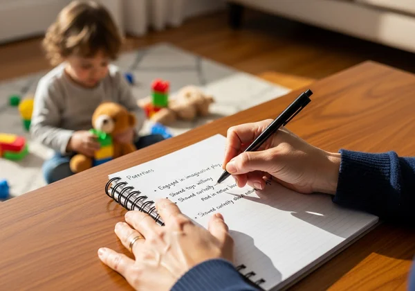 Parent writing notes in a journal with a child playing nearby