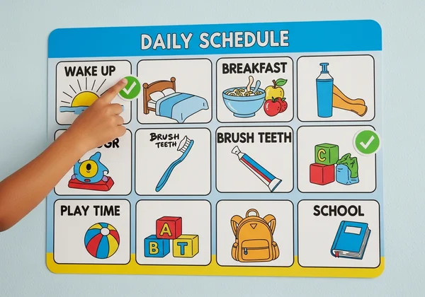 Child pointing to a visual schedule with daily activities