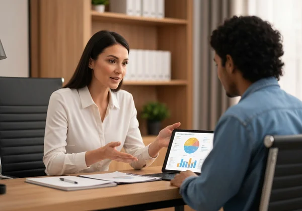 Professional discussing screener results with a client