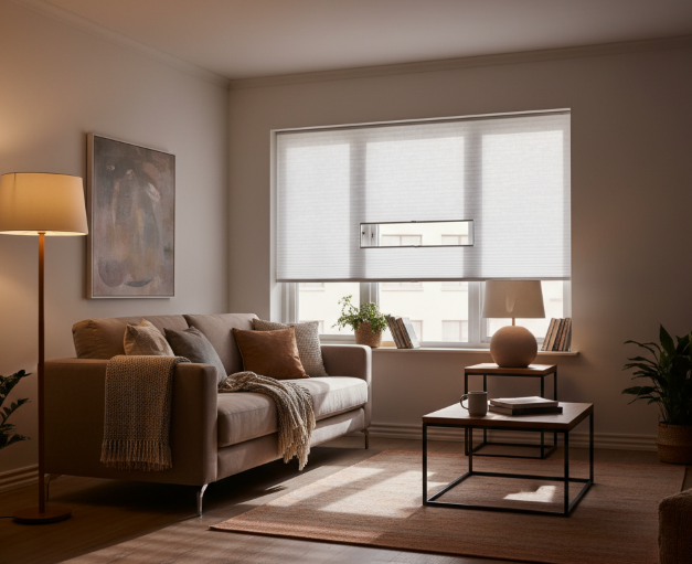 Living room with soft, warm lighting